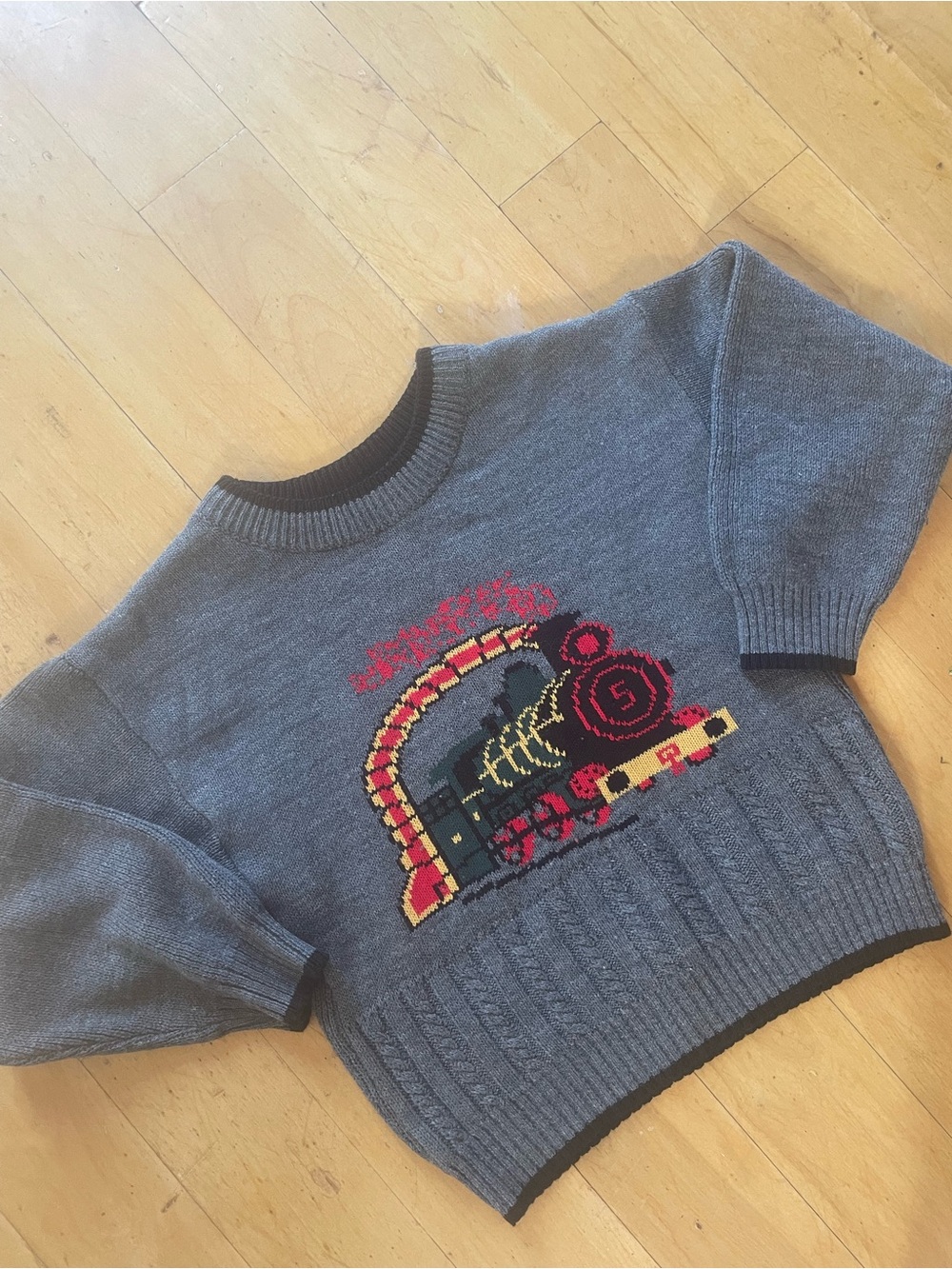 Gray Knit Sweater with Vintage Train Motif